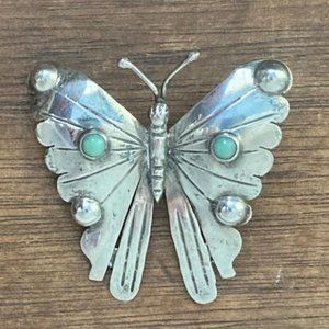 Vintage Sterling Silver Butterfly pin brooch with turquoise cabochons